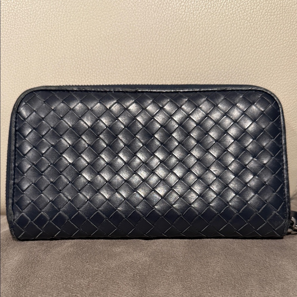 Authentic Bottega Veneta Navy Woven Leather Wallet